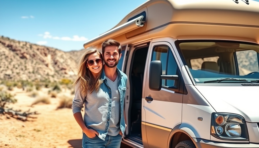Couple enjoying affordable RV lifestyle by camper van in sunny campsite.