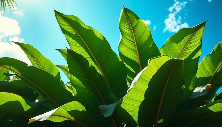 Large tropical outdoor plants with big green leaves under blue sky.
