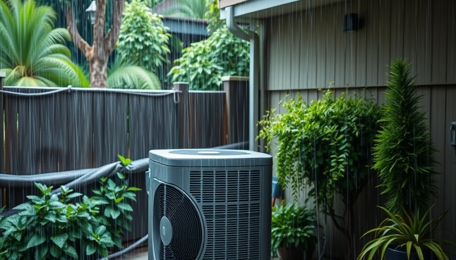 Barrier protecting HVAC system from heavy rain in backyard.
