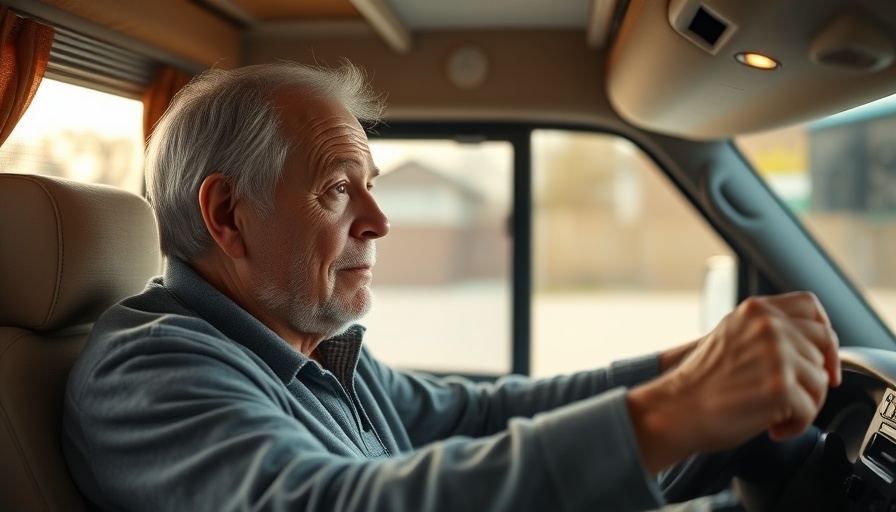 Elderly man driving RV, focused and attentive, capturing RV lifestyle.