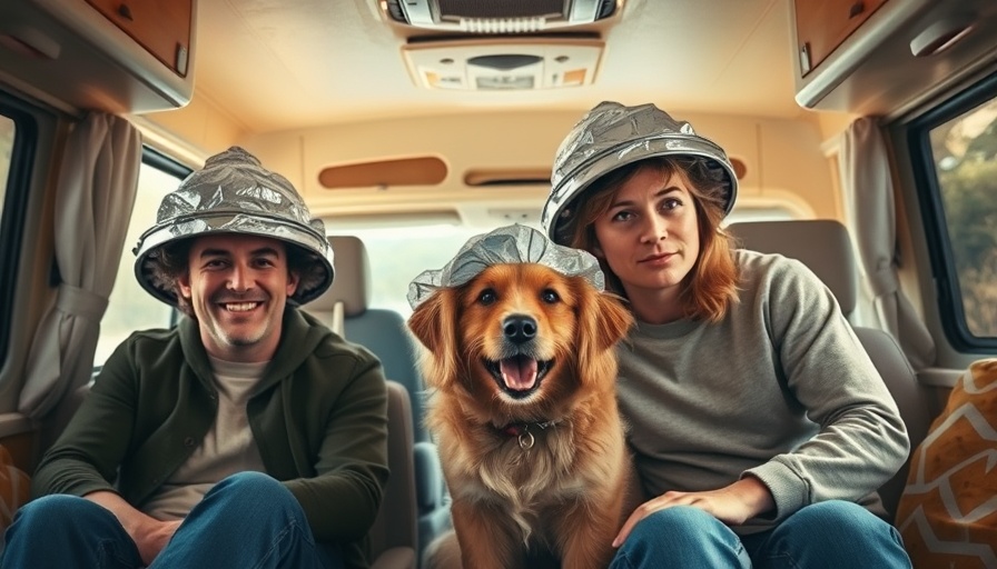 Avoid alien abduction while RVing: people and dog in tin foil hats.