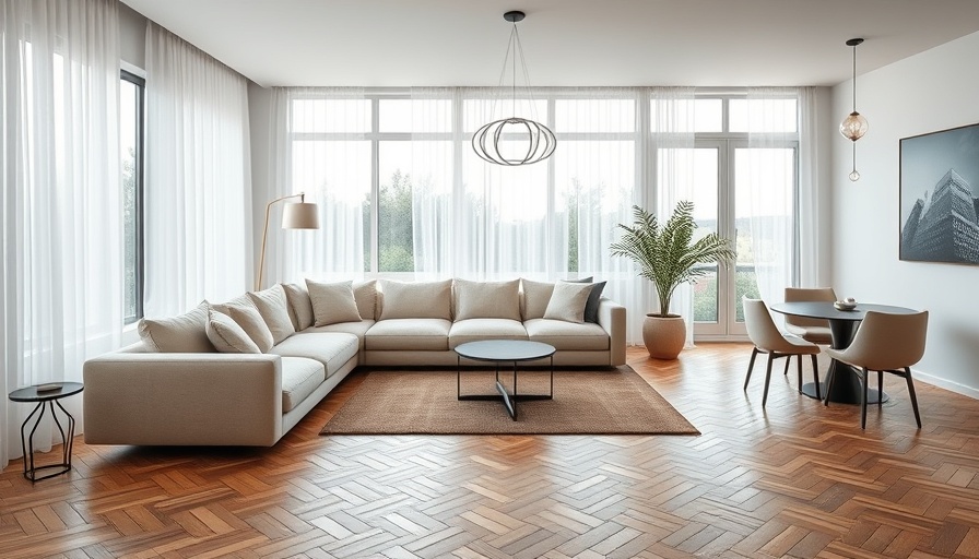 Modern minimalist living room with beige sectional sofa and pendant light.