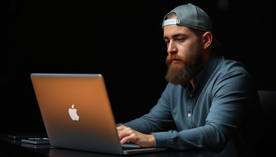 Man using laptop, focused expression, dark background.