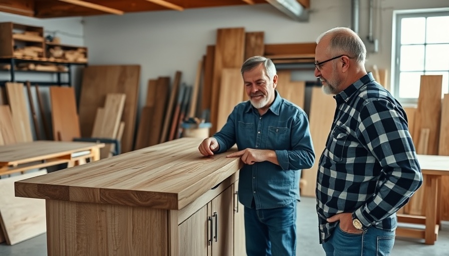 Men discussing wooden countertop installation in workshop.