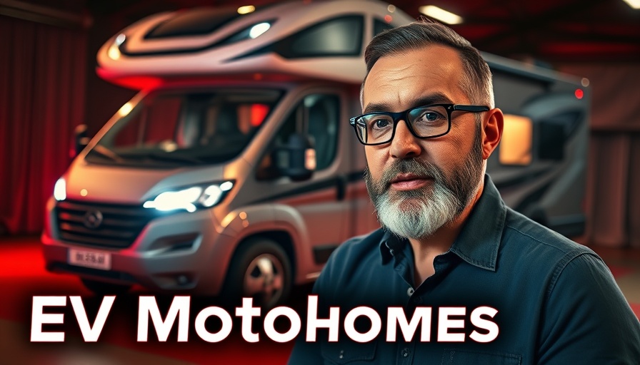Man presents news on EV motorhomes with electric vehicle in background.