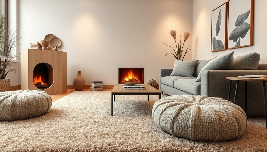 Cozy living room with clean carpet and warm fireplace.