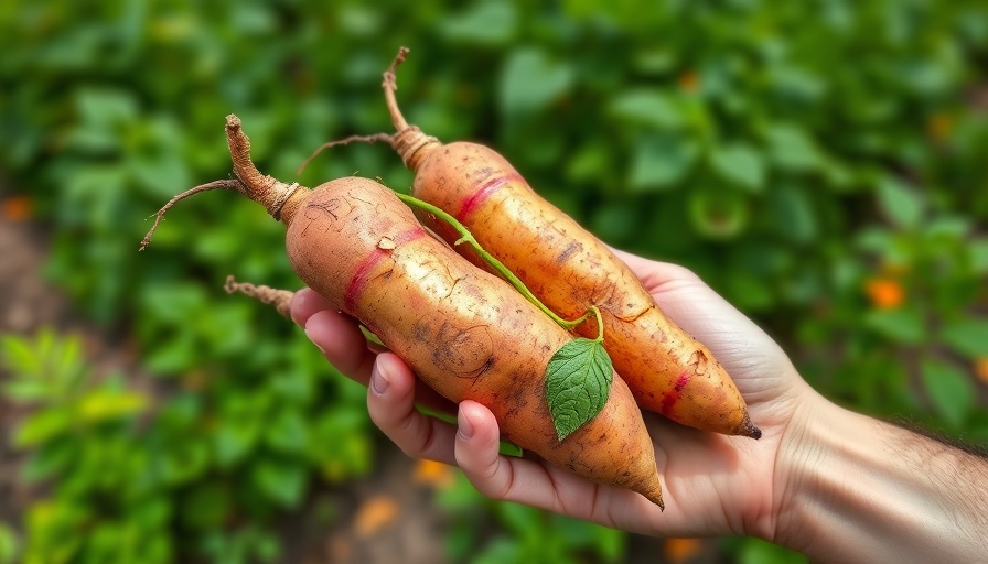 Freshly harvested sweet potato vine tubers in a lush garden.