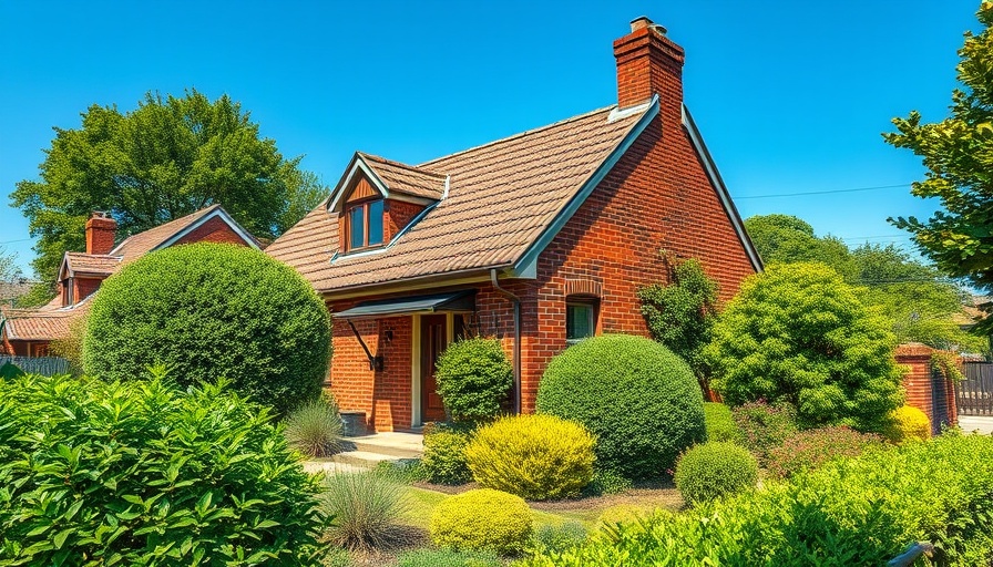Well-maintained roof on brick house with vibrant garden for year-round roof maintenance.
