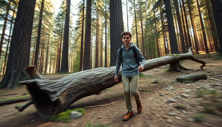 Young man on a travel adventure in a sunny forest setting.