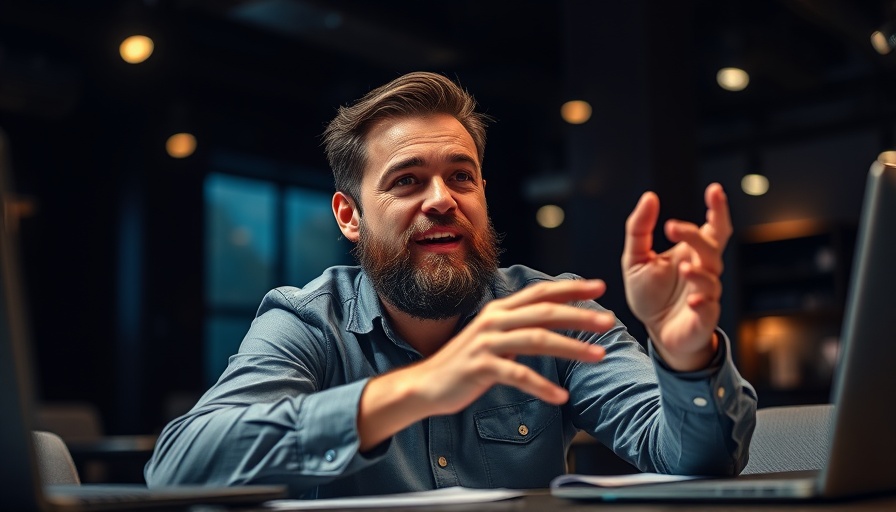 Bearded man passionately discussing marketing tips indoors.