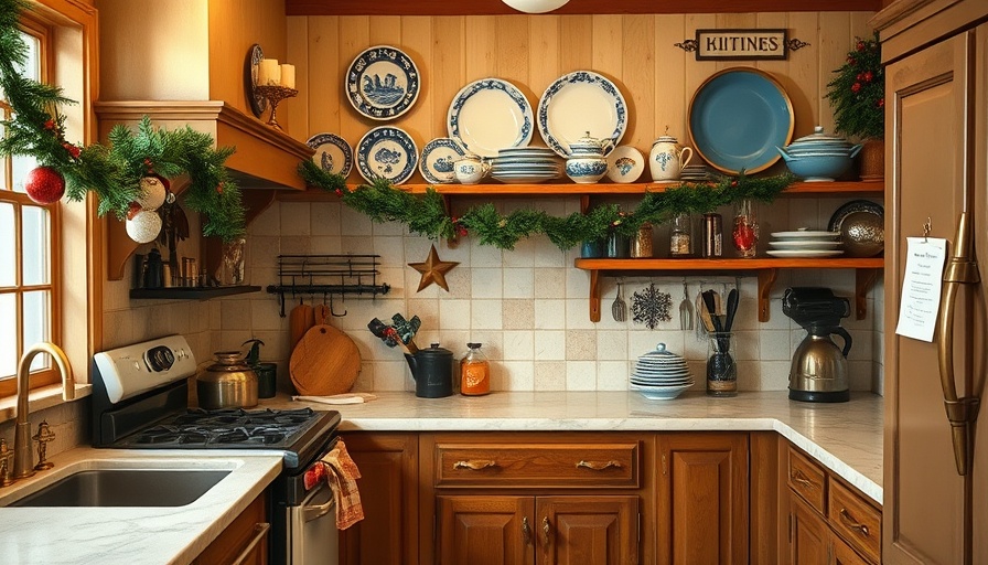 Cozy holiday kitchen setup with vintage decor elements.