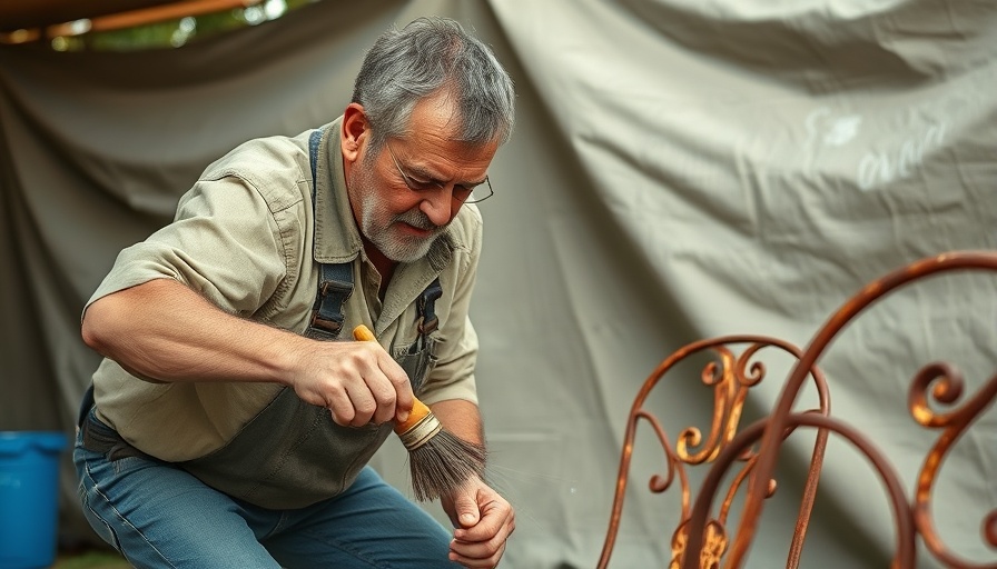 Man restoring rusty patio furniture outdoors with a wire brush.