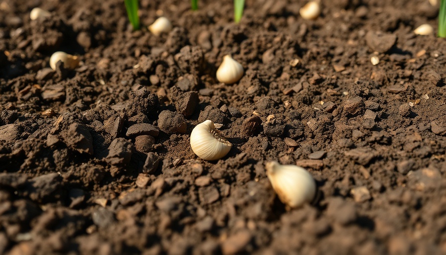 Soil preparation for garlic planting with scattered cloves on dark earth.