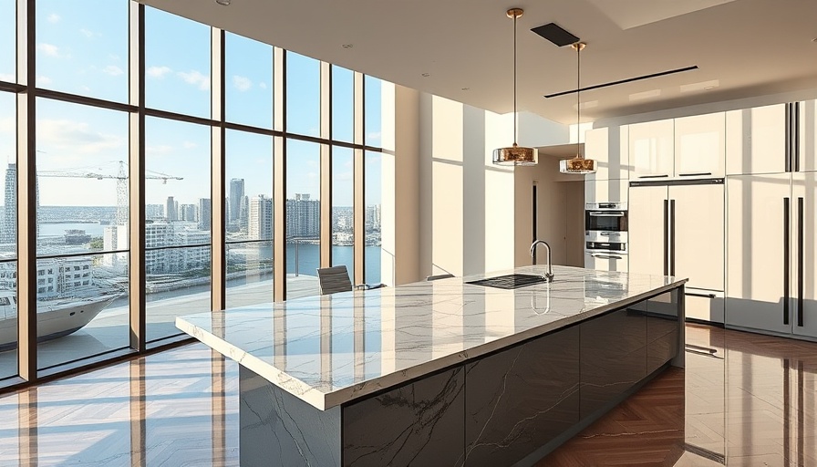 Luxurious modern kitchen with marble island and cityscape view.