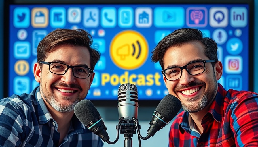 Outdoor Hardscaping Projects podcast ad featuring smiling hosts.