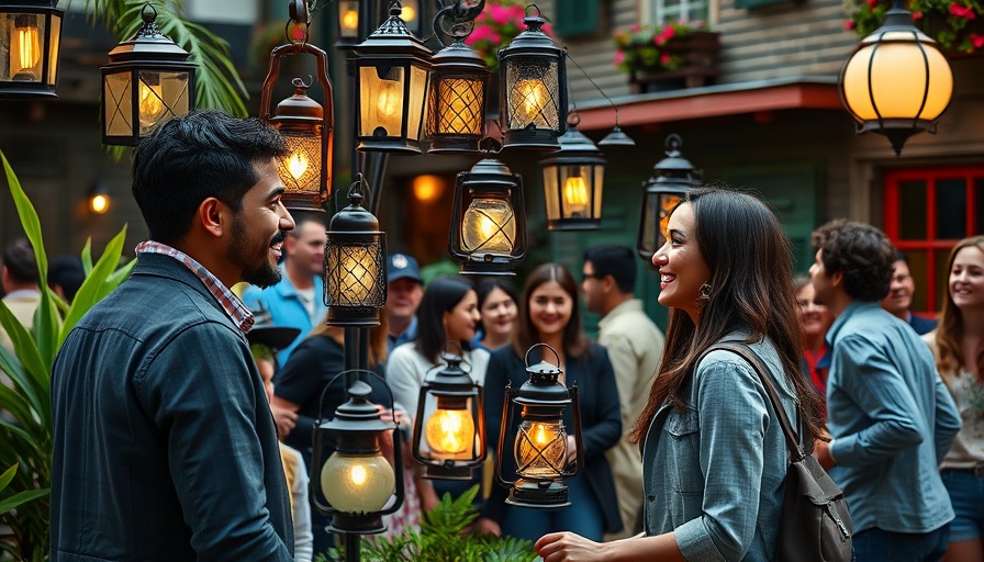 Electric lanterns in New Orleans outdoor gathering scene.