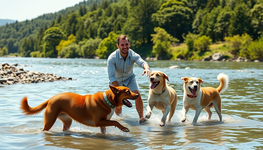 Man playing fetch with dogs by the river, embodying full time RV living with dogs.