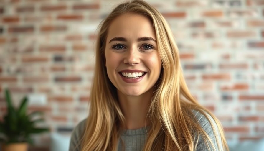 Smiling woman against brick wall discussing topic.