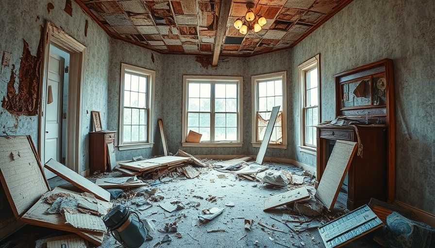 Hurricane-damaged room with debris and insulation scattered.