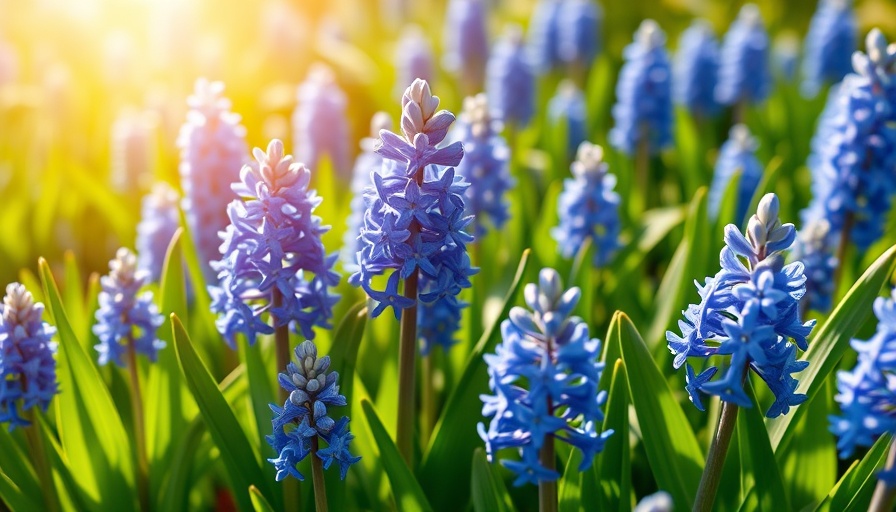 Delft Blue hyacinths blooming with lush green leaves