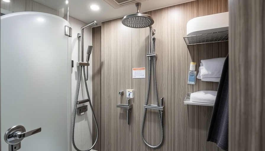 Organized RV bathroom with hanging accessories, rv organization.
