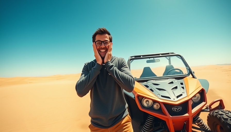 Excited person with dune buggy in Glamis desert, RVing adventure