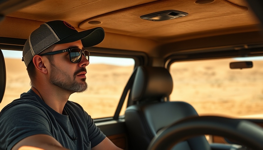 Man discussing campsite views from off-road vehicle with desert landscape.