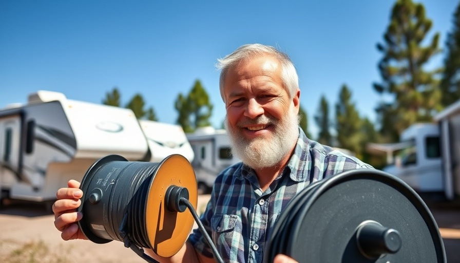 Older man with RV power cable at campsite, bright day.