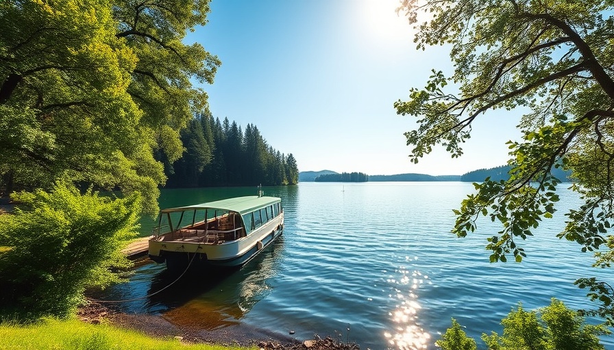 Ferry at Isle Royale National Park with lush greenery.