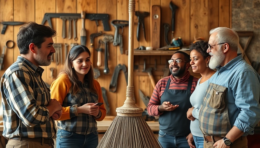 Group discussing spiral wire broom in a workshop setting.
