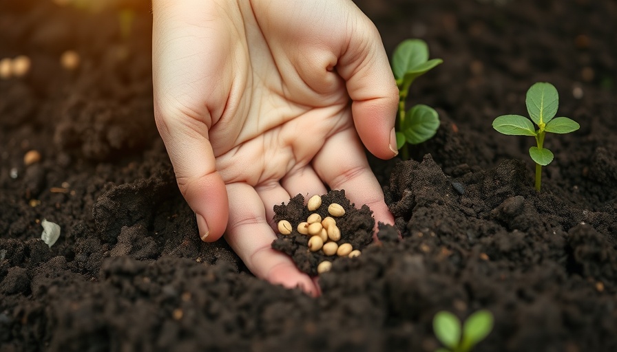 Close-up of hand holding seeds over soil for fall seed sowing preparation.