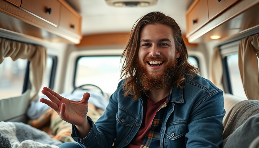 Young man explaining affordable RV lifestyle inside cozy RV.