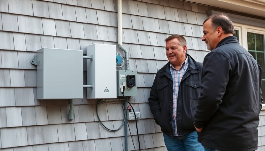 Two men discussing radon mitigation to reduce radon levels outside a house.