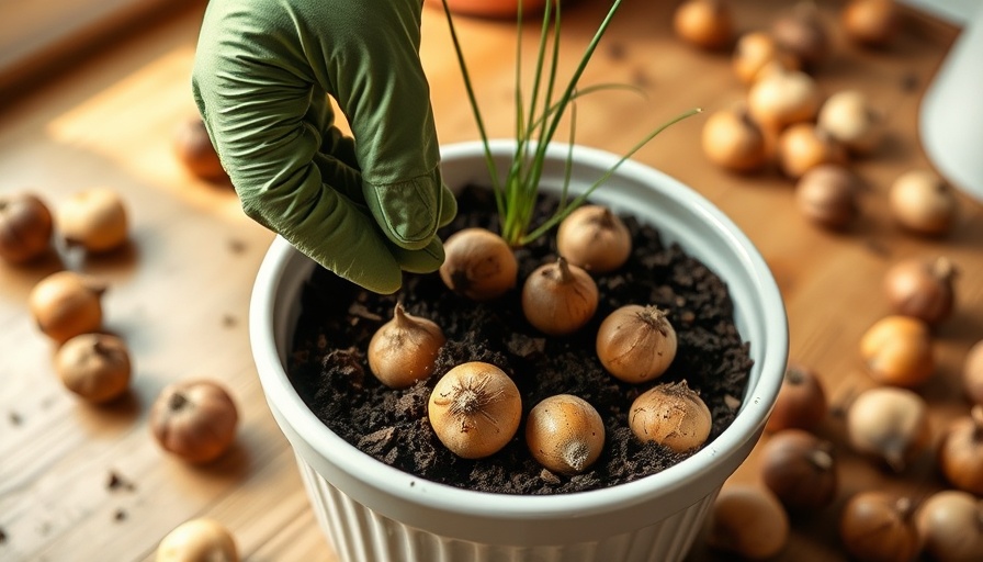 Potted bulbs in containers being placed in soil with green glove.