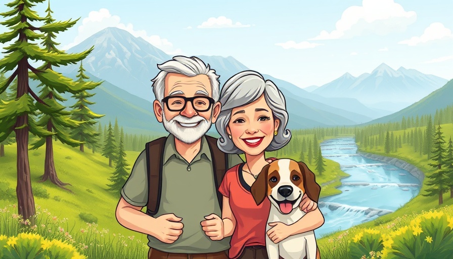 Cartoon couple and dog enjoying RV lifestyle in nature