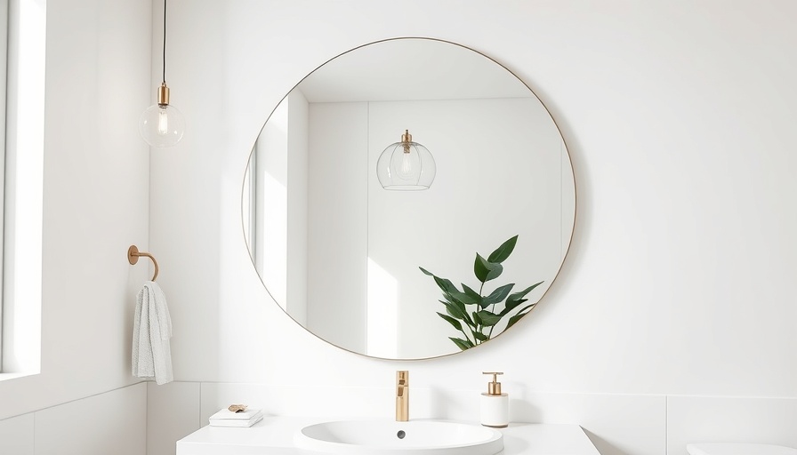 Modern bathroom with abstract mirror, indoor plant, wood accents.