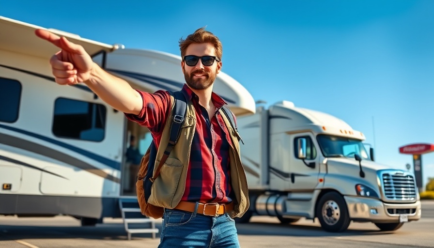 Casual RV traveler pointing at top gas station signs for RVers.