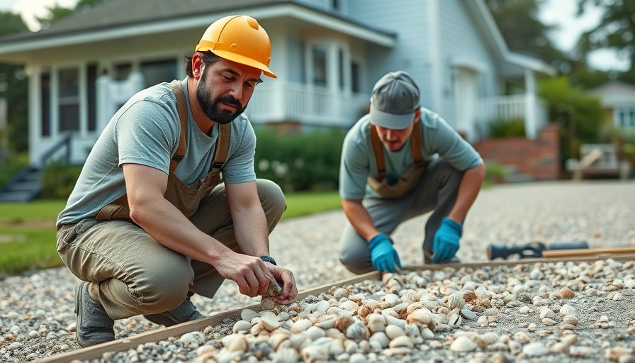 Men installing seashell driveway with tools in natural setting.