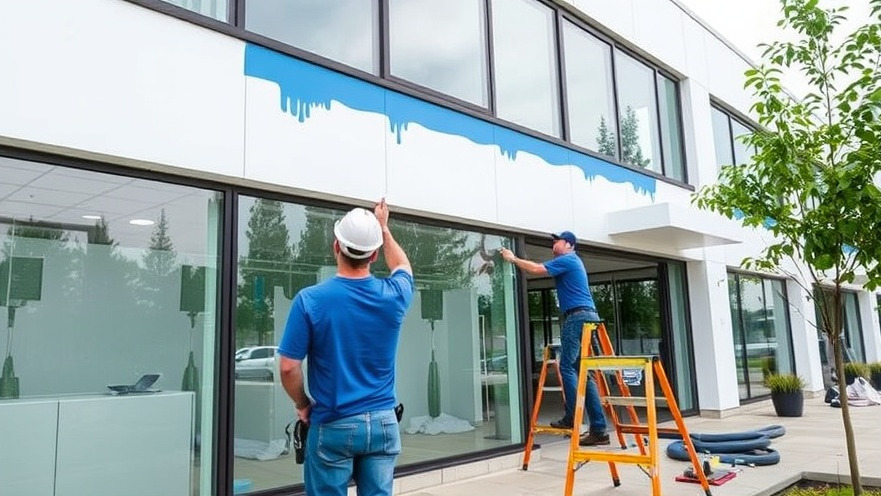 Professional commercial painting contractors enhancing a modern office exterior.