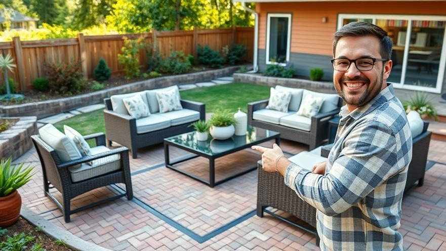 Smiling man showcasing modern outdoor kitchen designs on a stylish patio set.