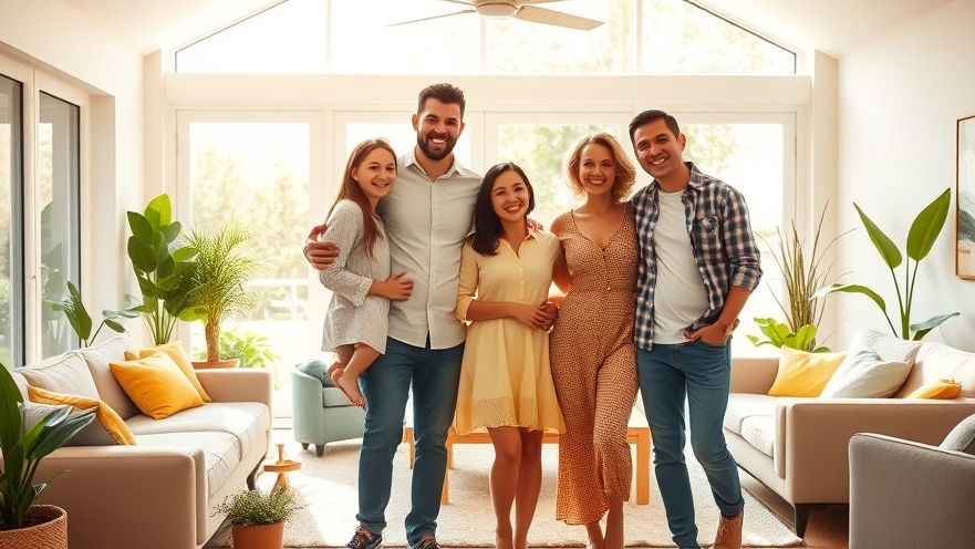 Joyful family in bright, modern living room with sunlight and plants.