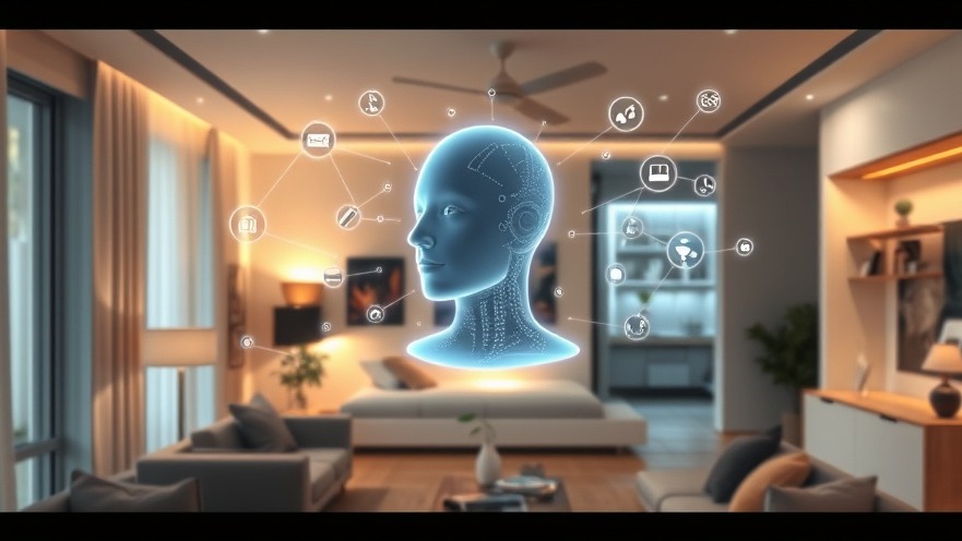Futuristic AI interface managing smart home automation with glowing devices.