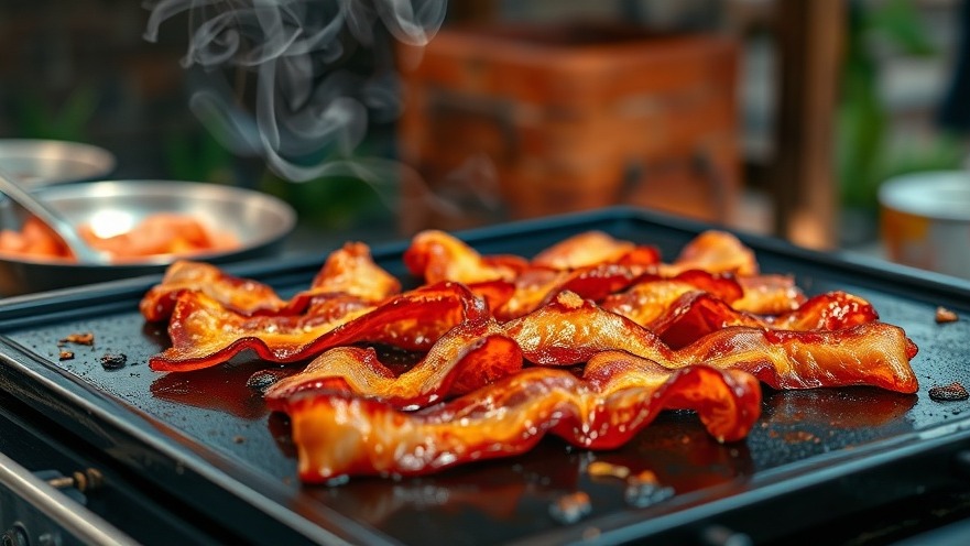 Crispy bacon sizzling on a flat-top grill, showcasing vibrant textures and BBQ technology.