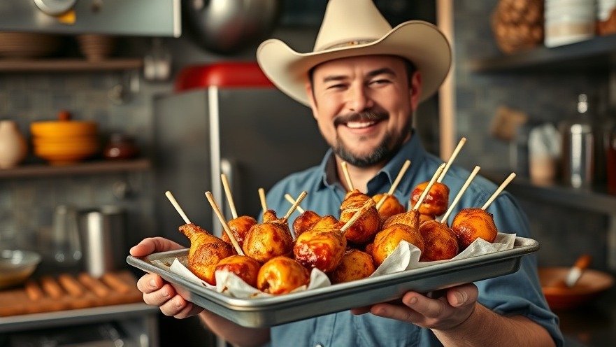 Texas guy showcasing colorful BBQ chicken lollipops in a bright kitchen.
