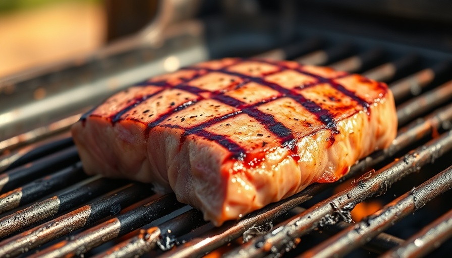 Juicy grilled tuna steak sizzling on a barbecue grill.