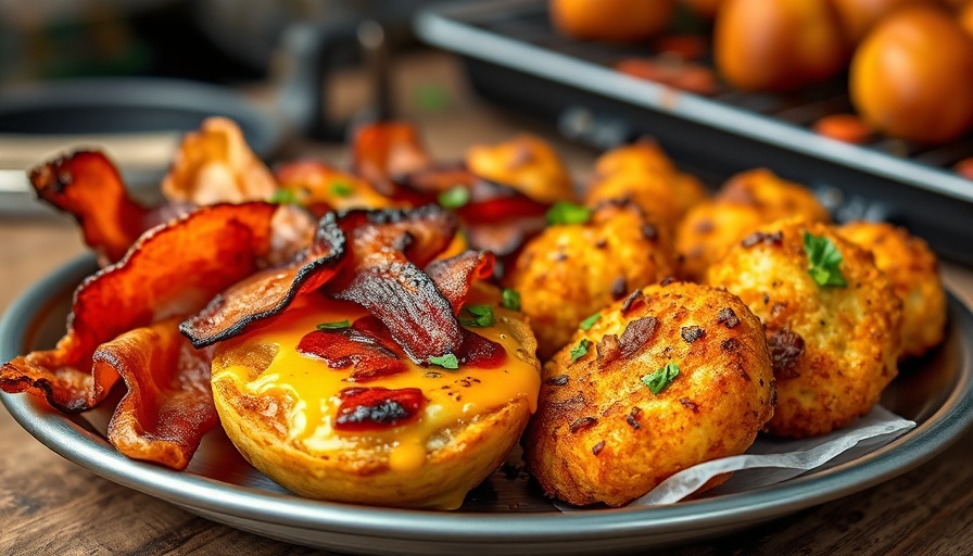 Assorted smoky appetizers for game day, including bacon, cheese, and fritters.