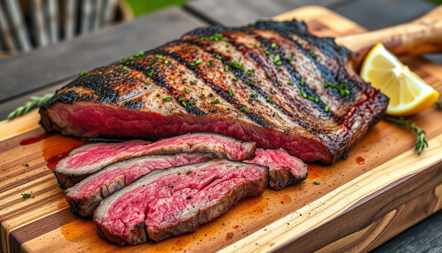 Juicy tomahawk steak on board with herbs and lemon slices.