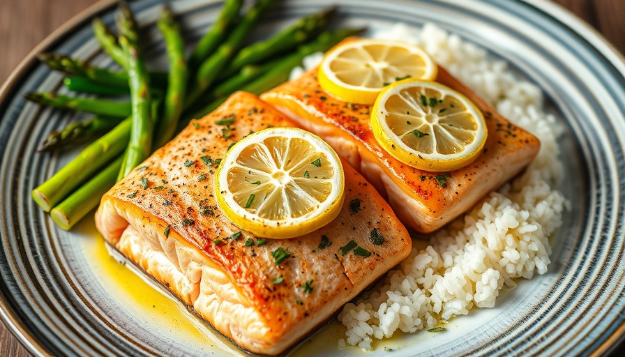 Salmon foil pack recipe with lemon, asparagus, and rice on a striped plate.