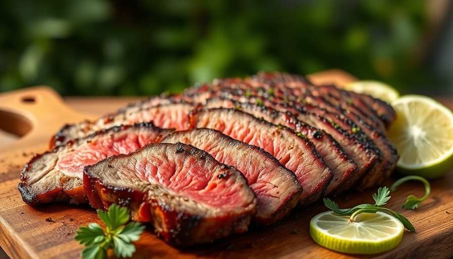 Juicy Coffee Marinaded Tri Tip on a wooden board outdoors.