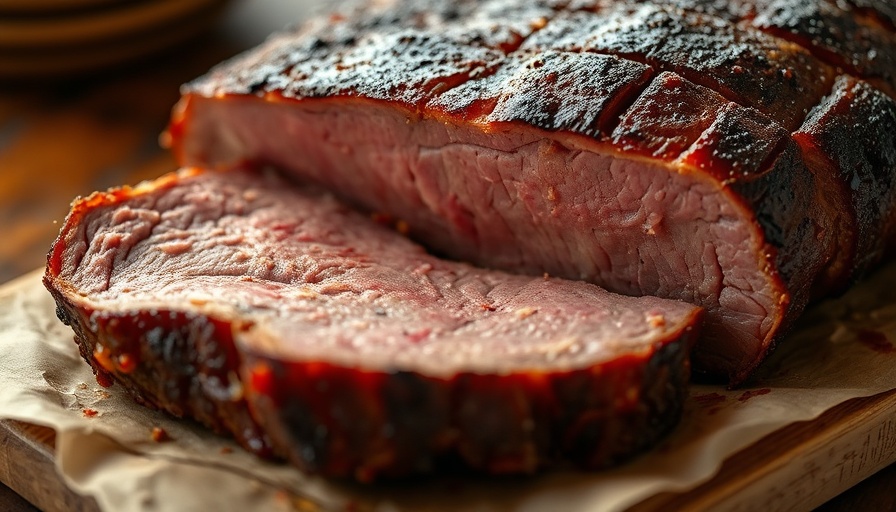 Sliced smoked brisket showing rich texture and color